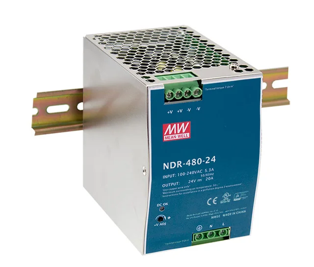 منبع تغذیه NDR-480-48 پاور سوئیچینگ ریلی  48 ولت 10 آمپر 480 وات ، بازده 93 درصد مجهز به مدار PFC مناسب برای تابلوهای صنعتی با مصارف با ماهیت